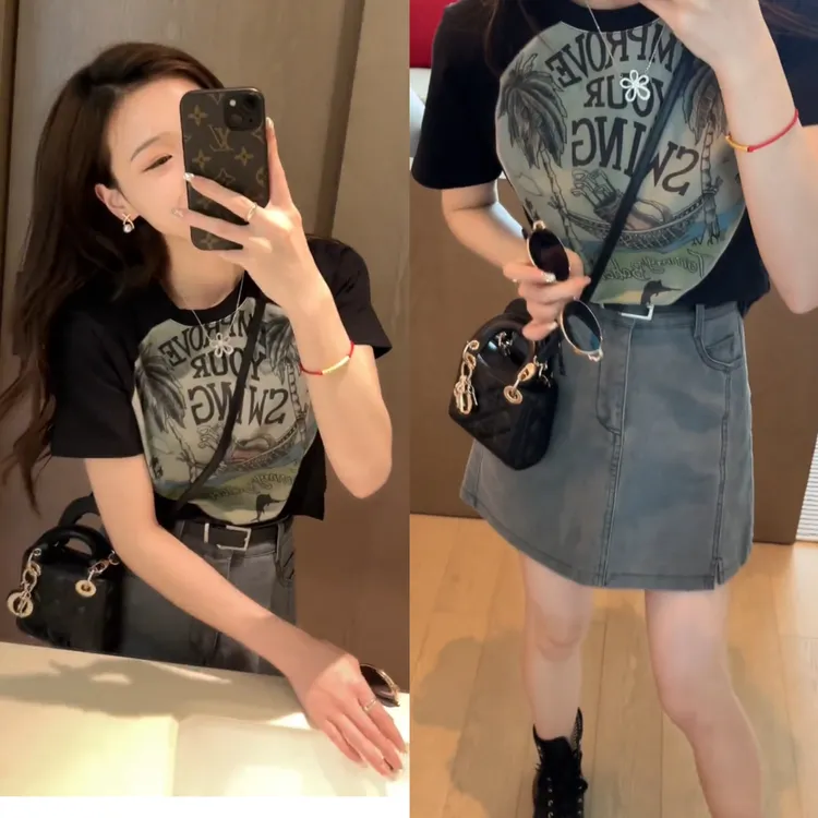 夏季新款时尚美式涂鸦印花短袖T恤百搭A字显瘦短裙牛仔半身裙套装