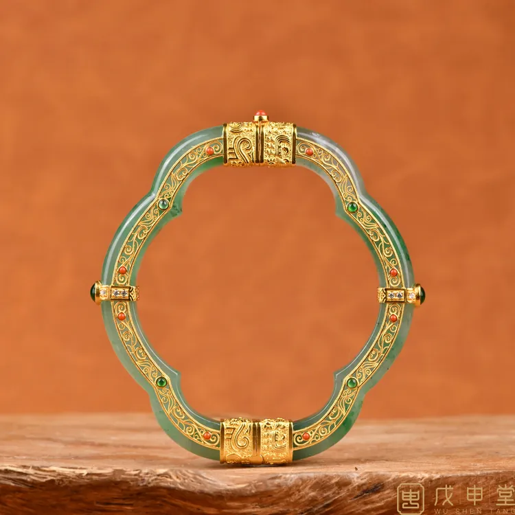 戊申堂【海棠】花丝银鎏金独龙玉古法开口镯手镯宫廷非遗国风珠宝商品图