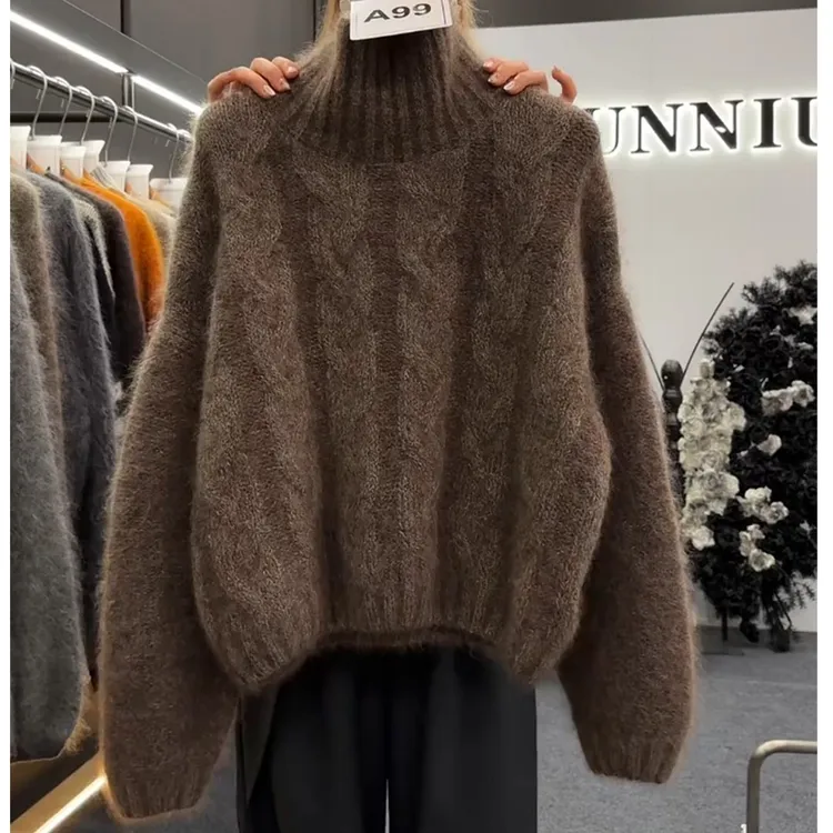 高级感慵懒风高领宽松麻花针织衫女长袖秋冬季毛衣好看针织毛衣