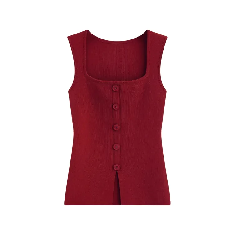 【现货】2025夏季新款方领单排扣针织无袖背心外穿修身显瘦吊带上衣