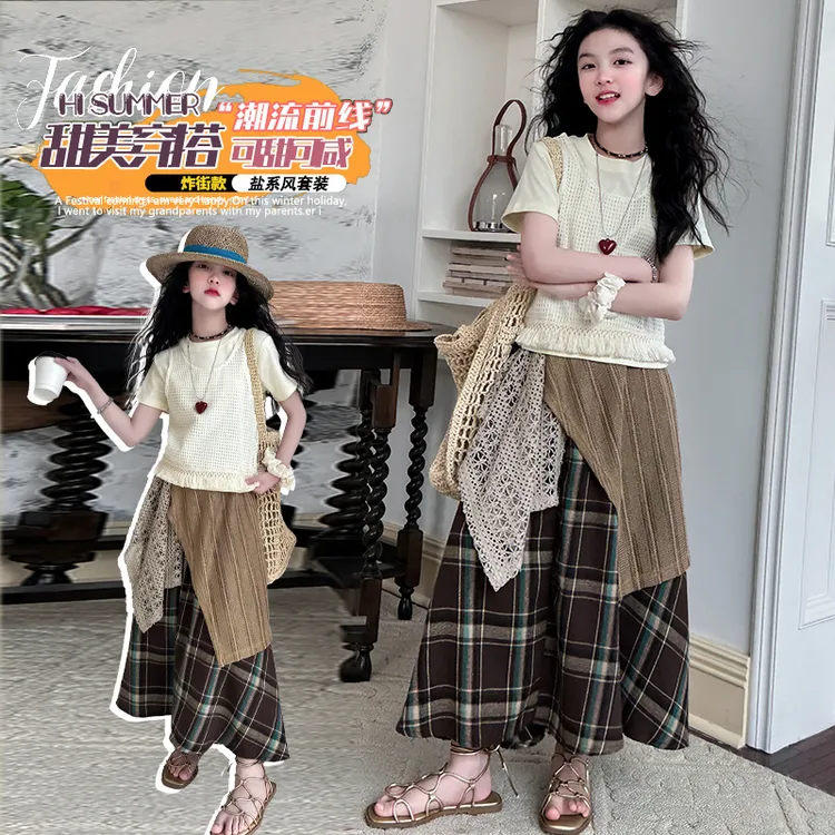 女童套装儿童时髦夏装2025新款不规则半身裙镂空马甲短袖三件套潮