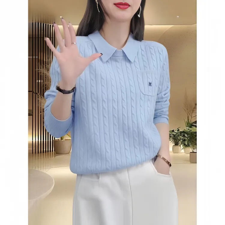 时尚polo领拼接假两件针织衫女秋冬新款气质显瘦套头毛衣内搭上衣