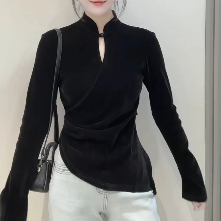 新款百搭洋气重工丝绒国风显瘦上衣女