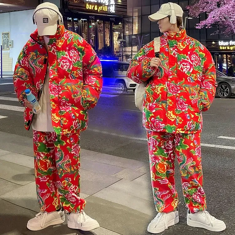 东北大花棉袄套装冬季男女款网红保暖棉服情侣外套棉衣中国风加厚