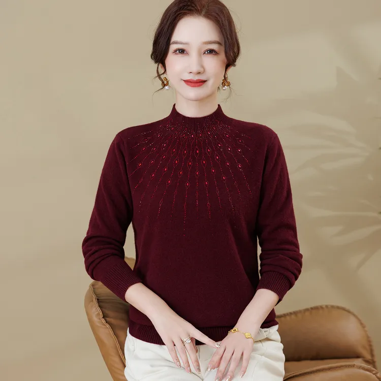 100%纯羊毛针织衫半高领中年妈妈装套头洋气中老年秋冬女士气质