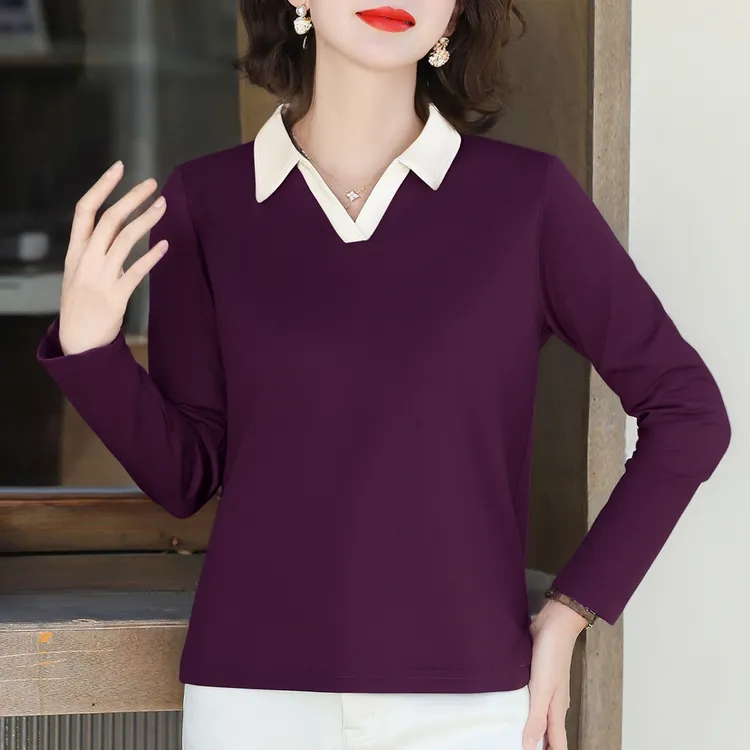 翻领长袖t恤女2025新款春季中年妈妈时尚打底Polo衫宽松休闲上衣