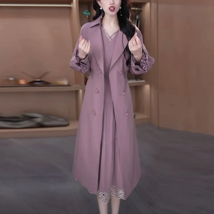 梭织精纺中长款外套女士2025秋季新款时尚气质收腰显瘦双排扣风衣