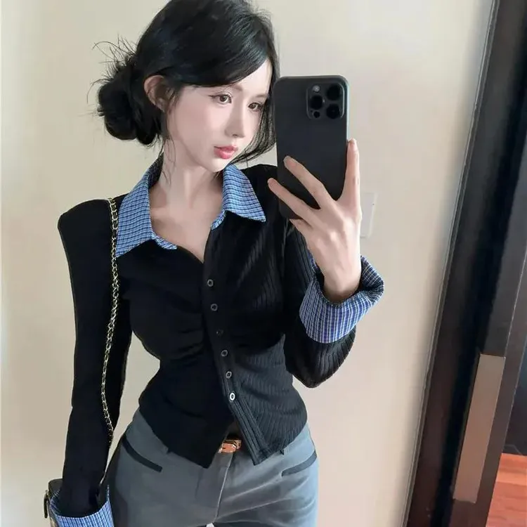 春季新款韩版气质褶皱收腰修身显瘦时尚格子翻领衬衣针织衫上衣女