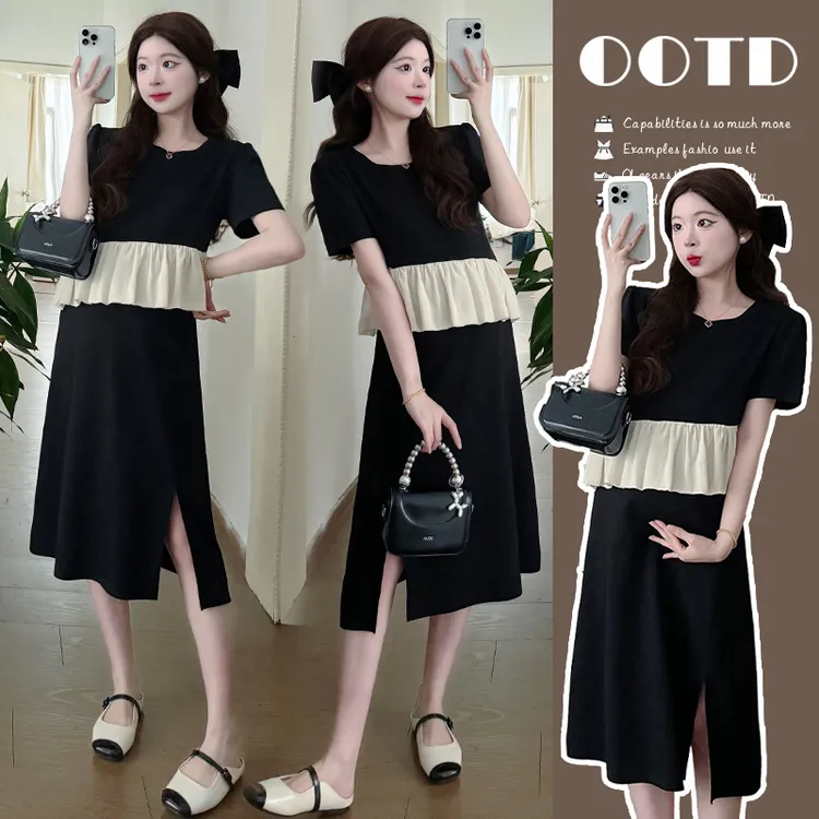 孕妇装2025法式高级感荷叶边拼接假两件夏季气质开叉孕妇连衣裙