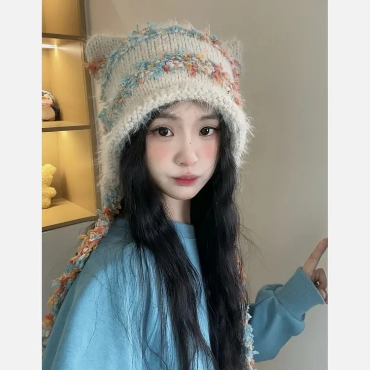定制纱线！彩色穗子流苏帽子2025新款百搭秋冬保暖毛线护耳针织帽