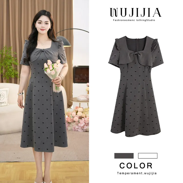 五季家大码方领短袖蝴蝶结中长裙宽松腰泡泡袖裙子连衣裙ZL54745