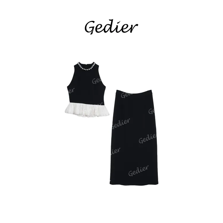 【歌蒂尔】夏季无袖褶皱设计上衣+半长裙 DG520696Y