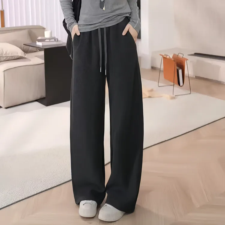 冬季加绒加厚女裤澳毛直筒弯刀裤高腰运动黑色裤子休闲裤极简风