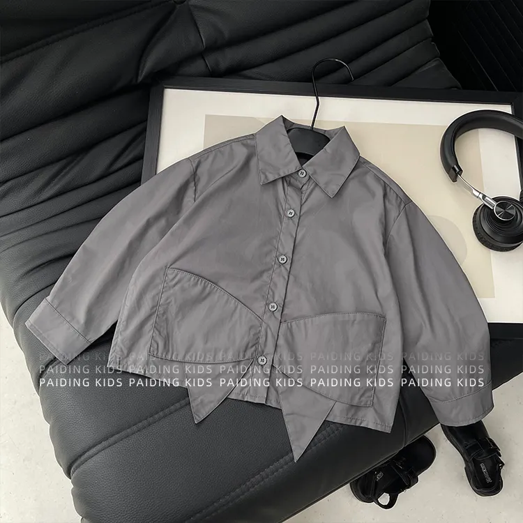 【阿湫】春秋装女童韩版时尚个性纯色蝴蝶结拼接设计感衬衫HCXZ4563