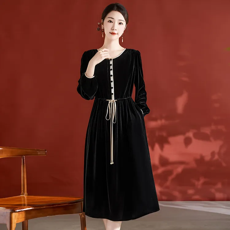 水墨佳人新款桑蚕丝真丝丝绒气质连衣裙82395928