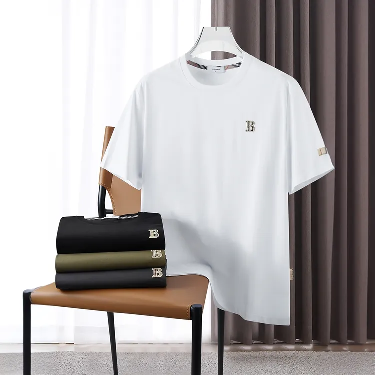 潮牌欧货字母刺绣丝光棉短袖t恤男装夏季青年冰丝圆领半袖体恤衫