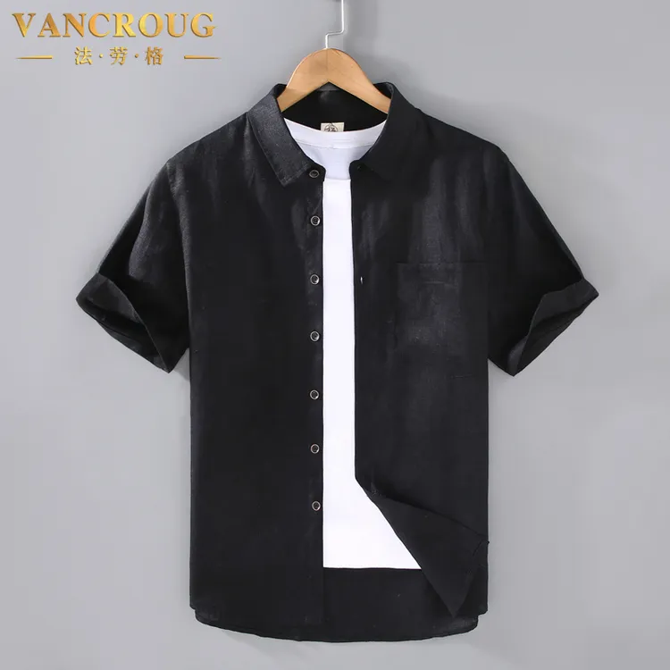 VANCROUG/法劳格短袖衬衫男士夏季轻奢高端透气舒适宽松复古上衣