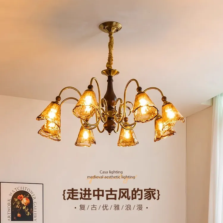 中古客厅琥珀光新款美拉德复古实木主卧室餐厅餐厅灯吊灯