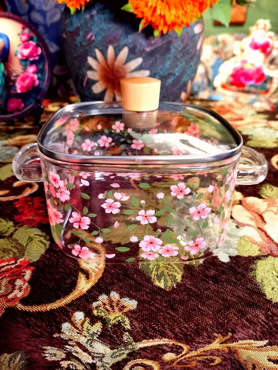 2000ml大容量樱花款方锅家用耐热高温玻璃小火锅电陶炉可用炖锅