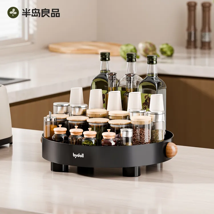 木纹厨房旋转调料置物架托盘转盘桌面家用油盐酱醋置物架收纳架