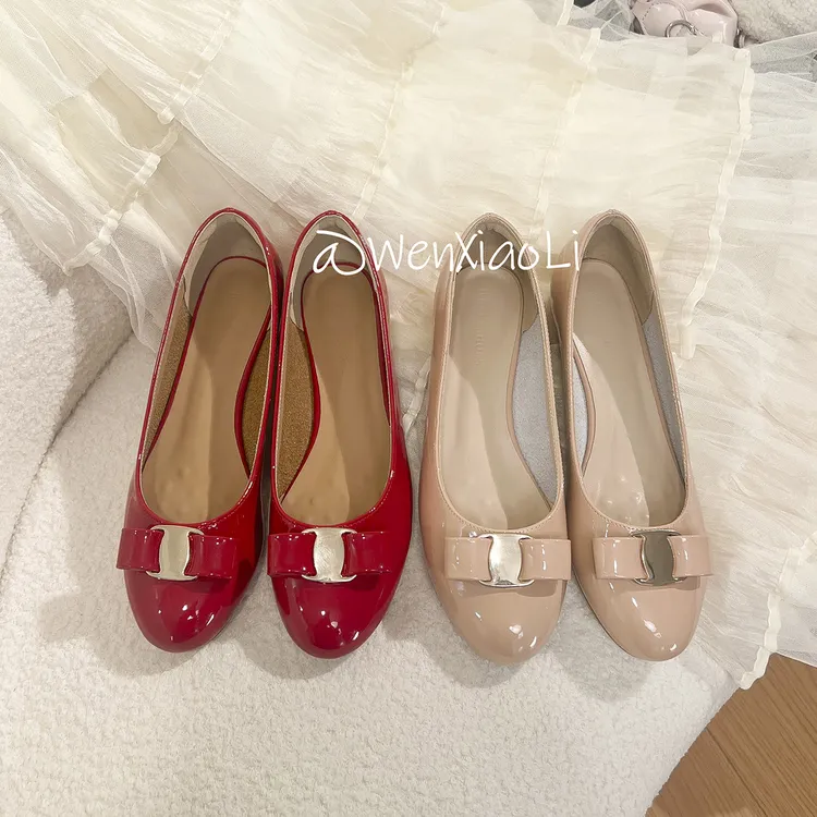 CBD女精英】漆皮浅口圆头蝴蝶结粗跟单鞋平底女鞋浅口酒红软底