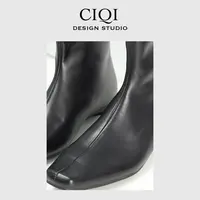CIQI STUDIO百搭时尚复古秋冬方头粗跟漆皮法式低跟女靴PS30151