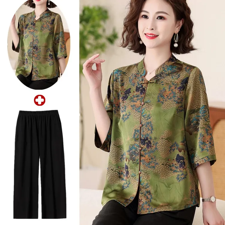 妈妈装真丝上衣香云纱衬衫新中式高档中老年女装夏桑蚕丝衬衣套装