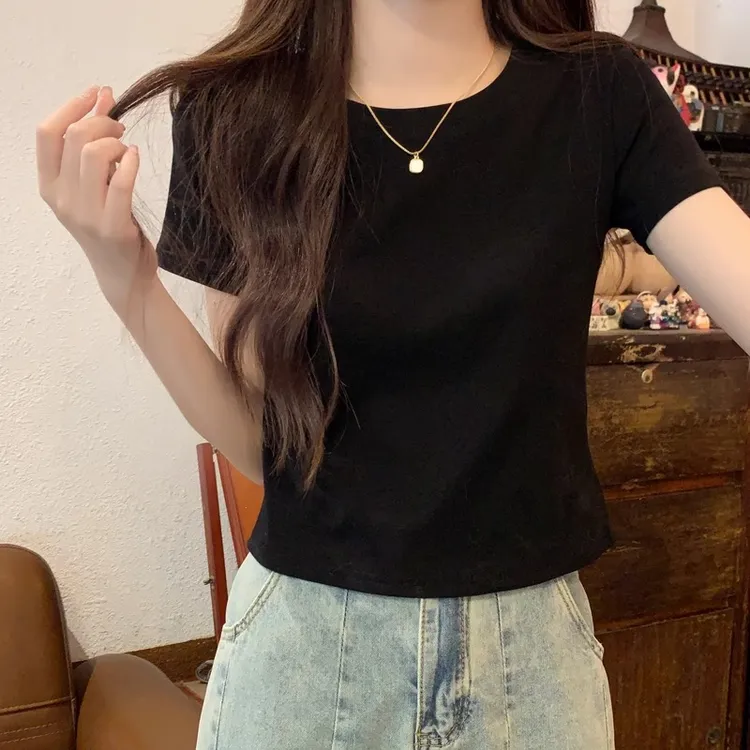 韩版黑色圆领正肩短袖t恤女2025夏季新款小个子修身显瘦短款上衣