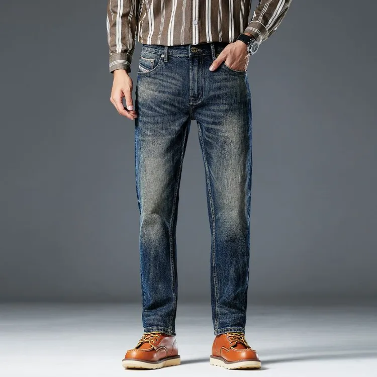 2025赤耳丹宁高端重磅复古合身微锥小直筒牛仔裤宽松商务修身弹力