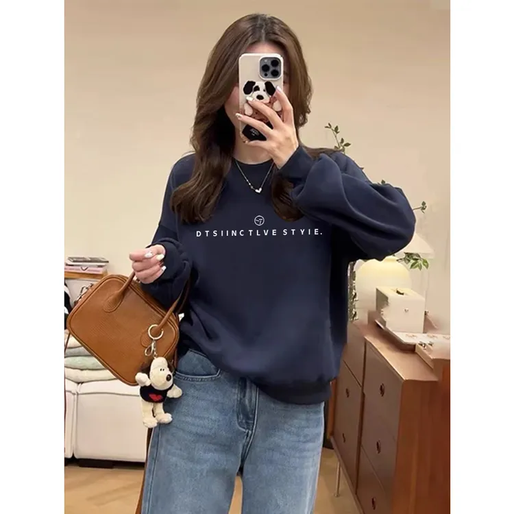 圆领套头打底衫加绒加厚卫衣女2025秋冬新款宽松韩版外套春秋薄款