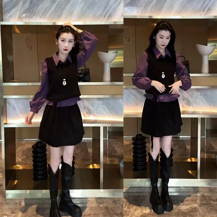 时尚穿搭一整套女2025新款洋气减龄衬衫马甲半身裙三件套