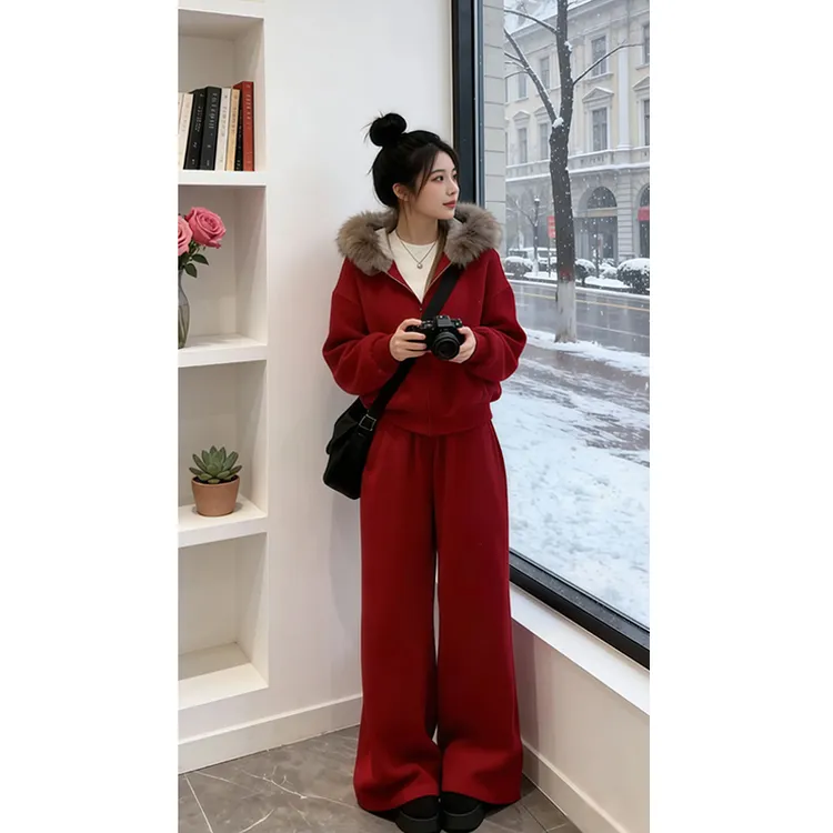 网红流行时尚套装女2026冬季新款韩版连帽外套高腰阔腿长裤两件套