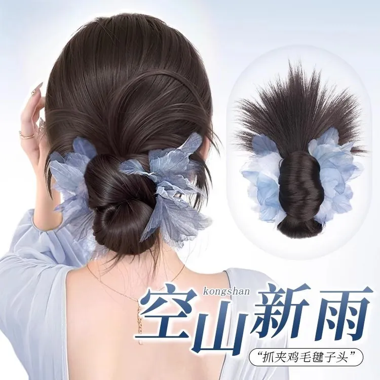 丸子头假发自然仿真抓夹低扎鸡毛丸子头盘发神器蓬松后脑勺假发包