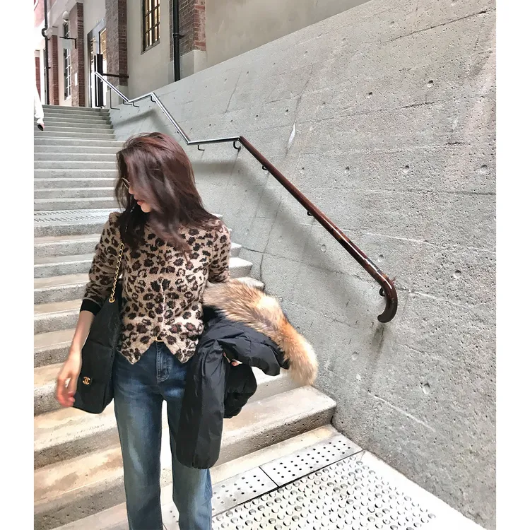 【ALONESAVOR】龍喜儿 复古豹纹印花羊毛针织衫圆领修身J833