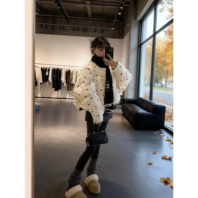 少女感爱心满印加厚防寒面包服外套女冬季新款宽松百搭棉袄上衣潮