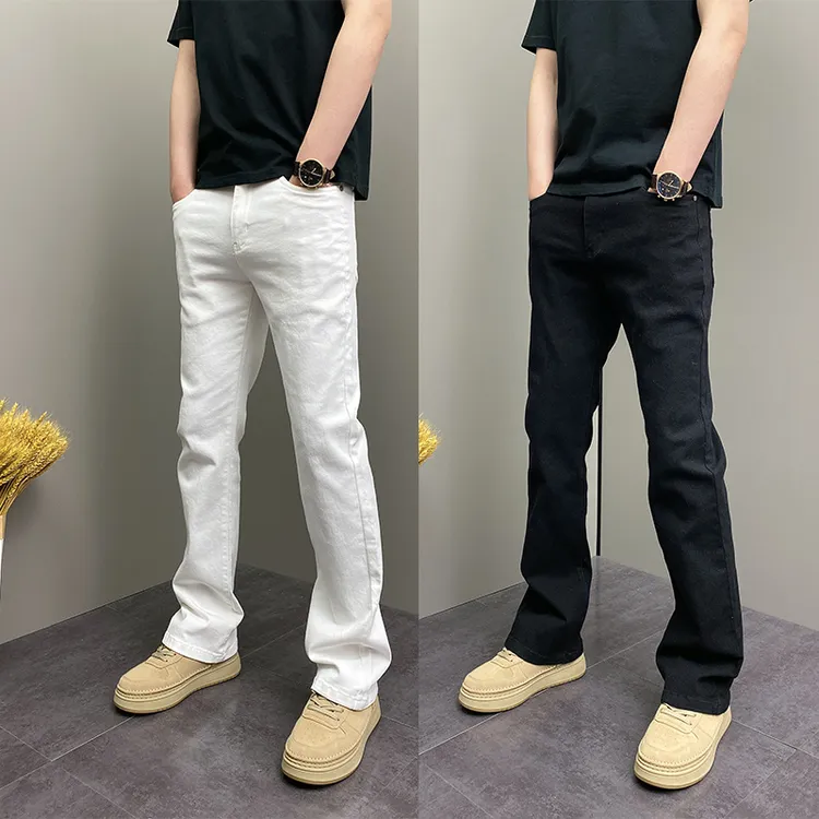 2025年春夏季潮牌喇叭裤青年男士修身小脚时尚简约纯色休闲牛仔裤