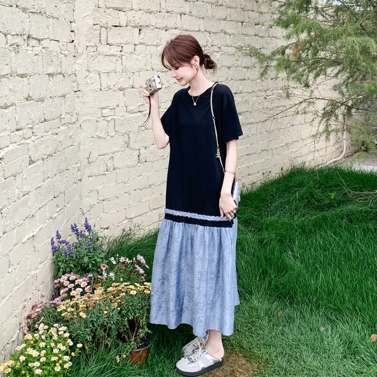 法式复古连衣裙女2025夏季新款氛围感气质显瘦撞色拼接轻熟风裙子