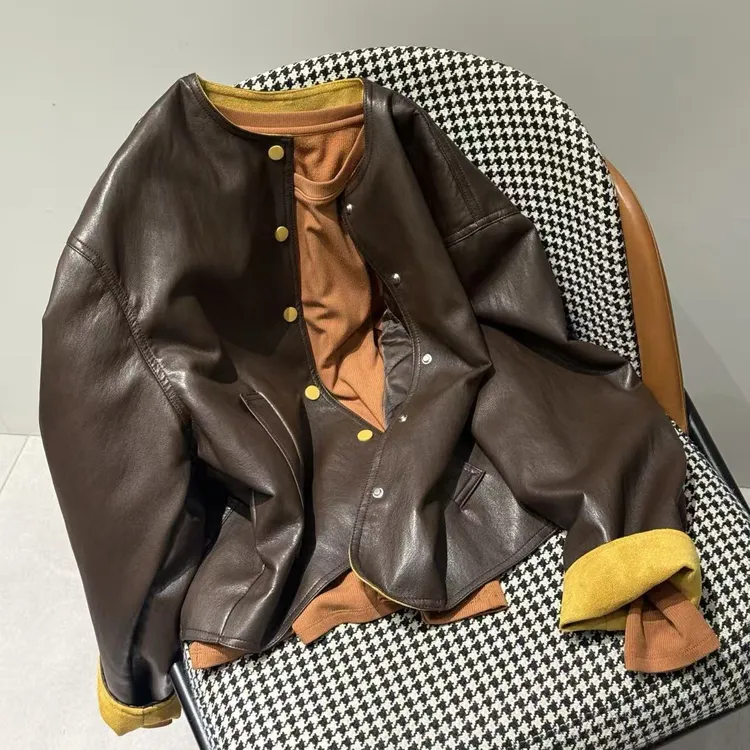 3公主 拼色皮衣外套 秋冬新款宽松圆领夹克时尚百搭夹薄棉上衣女