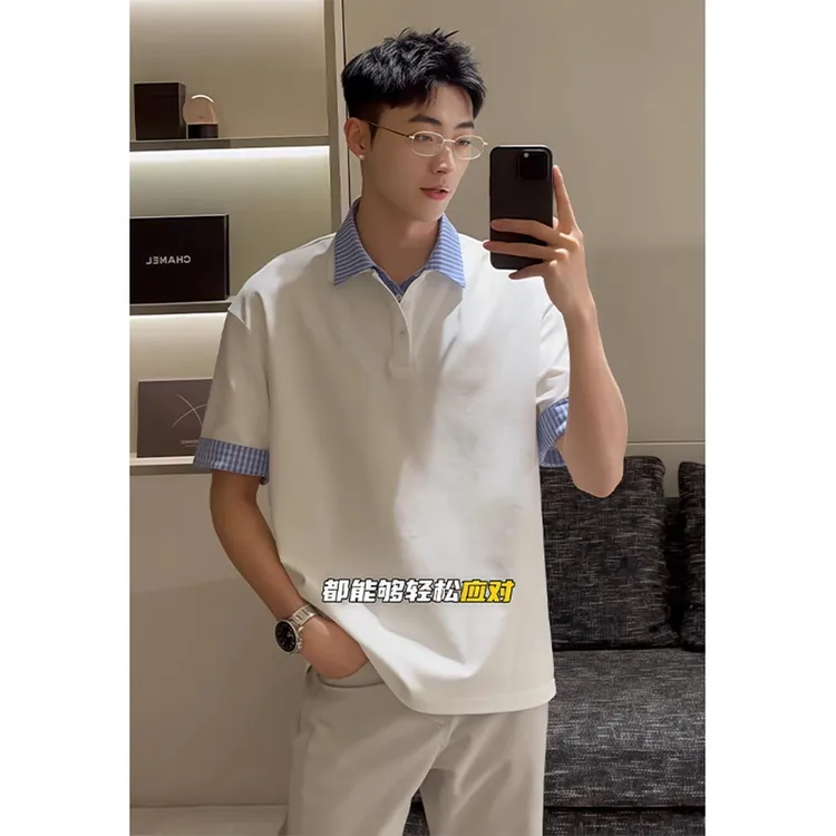 假两件格子拼接polo领短袖t恤男夏季美式学院风潮牌情侣五分中袖