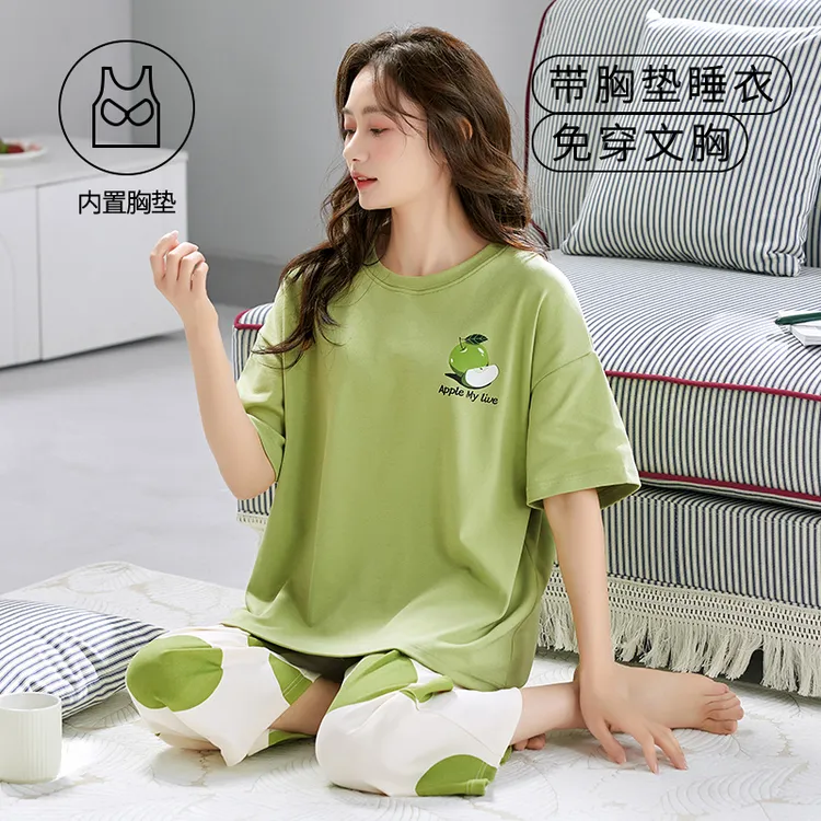 带胸垫睡衣女夏天短袖七分裤2025新款春秋夏季女士家居服大码套装
