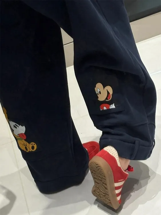 秋冬新款加厚垂感拖地裤女卡通印花设计感阔腿裤弯刀运动休闲卫裤