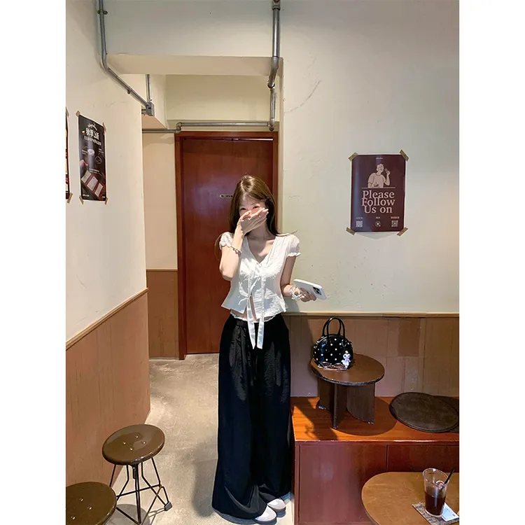 韩系夏季甜美短款V领蝴蝶结绑带泡泡袖衬衫上衣直筒拼接休闲裤女