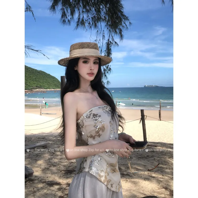 绮梦蝴蝶亮片刺绣无袖抹胸背心上衣垂坠感高腰喇叭裤两件套7162