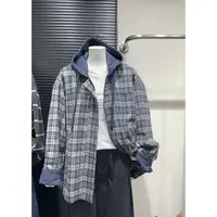 【蓝调格纹磨毛外套】早秋新款!百搭休闲蓝格纹磨毛连帽外套869