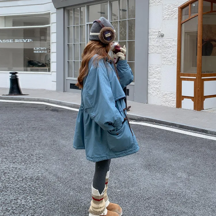 蓝色中长款抽绳收腰派克羽绒服女2025冬季小个子保暖90白鸭绒外套