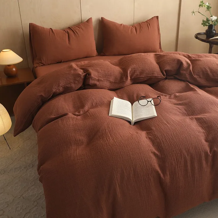 禅意复古风A类全棉双层纱四件套纯色简约亲肤床单款床笠款三件套