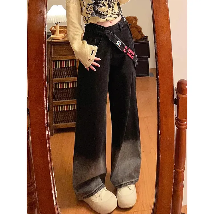 美式高街侧边拉链渐变牛仔裤女夏季高腰直筒阔腿宽松显瘦百搭裤子