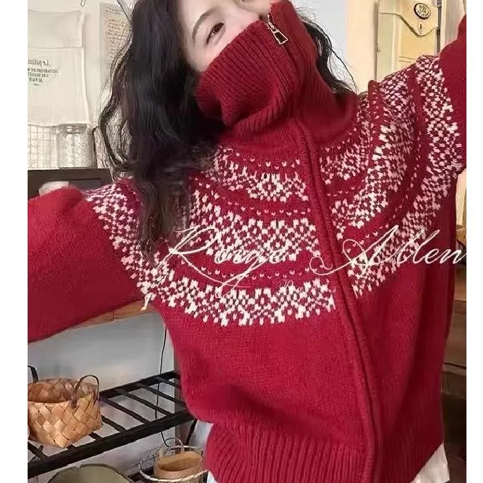 韩国费尔岛提花翻领针织开衫外套复古慵懒风红色新年毛衣女