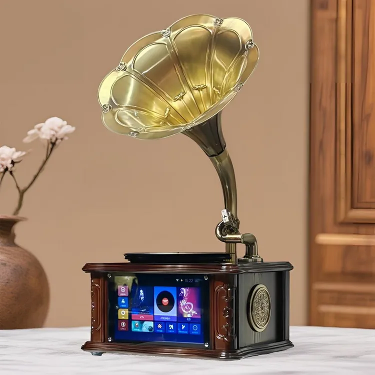 ODN/欧蒂诺台式大屏K歌留声机复古黑胶蓝牙智能安卓音响实木摆件