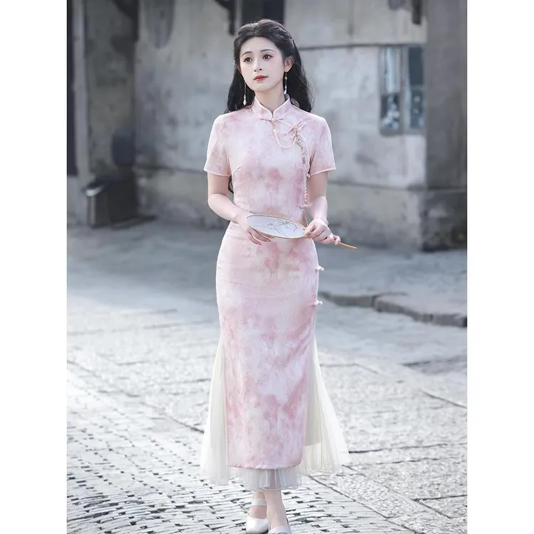 旗袍2025新款新中式改良版国风气质连衣裙高端修身少女春夏粉色